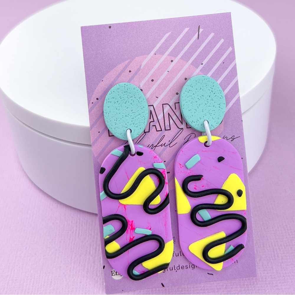 80s Memphis Style Pattern Polymer Clay Dangle Earrings Handmade Funky Re…